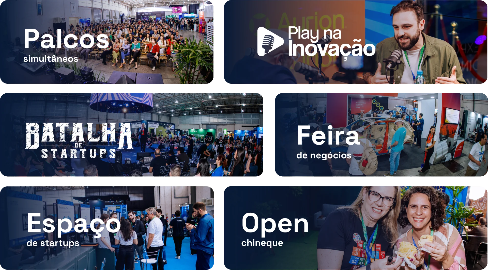 Experiências que marcam: palcos simultâneos, Play na Inovação, Batalha de Startups, Feira de negócios, Espaço de startups e Open chineque