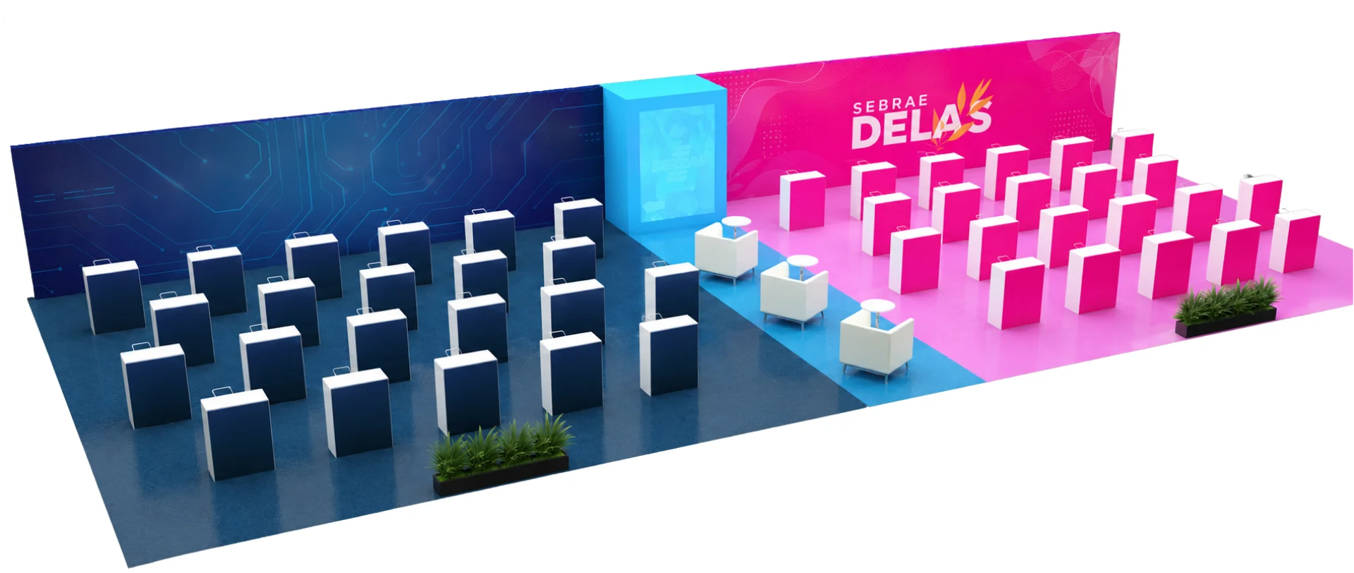 Simulação do Espaço SEBRAE na Expoinovação 2026: lado SEBRAE Startups e lado SEBRAE Delas